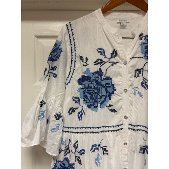 Sundance White Blue Floral Embroidered Tiered Button Down Midi Dress sz L NWOT - Picture 4 of 10